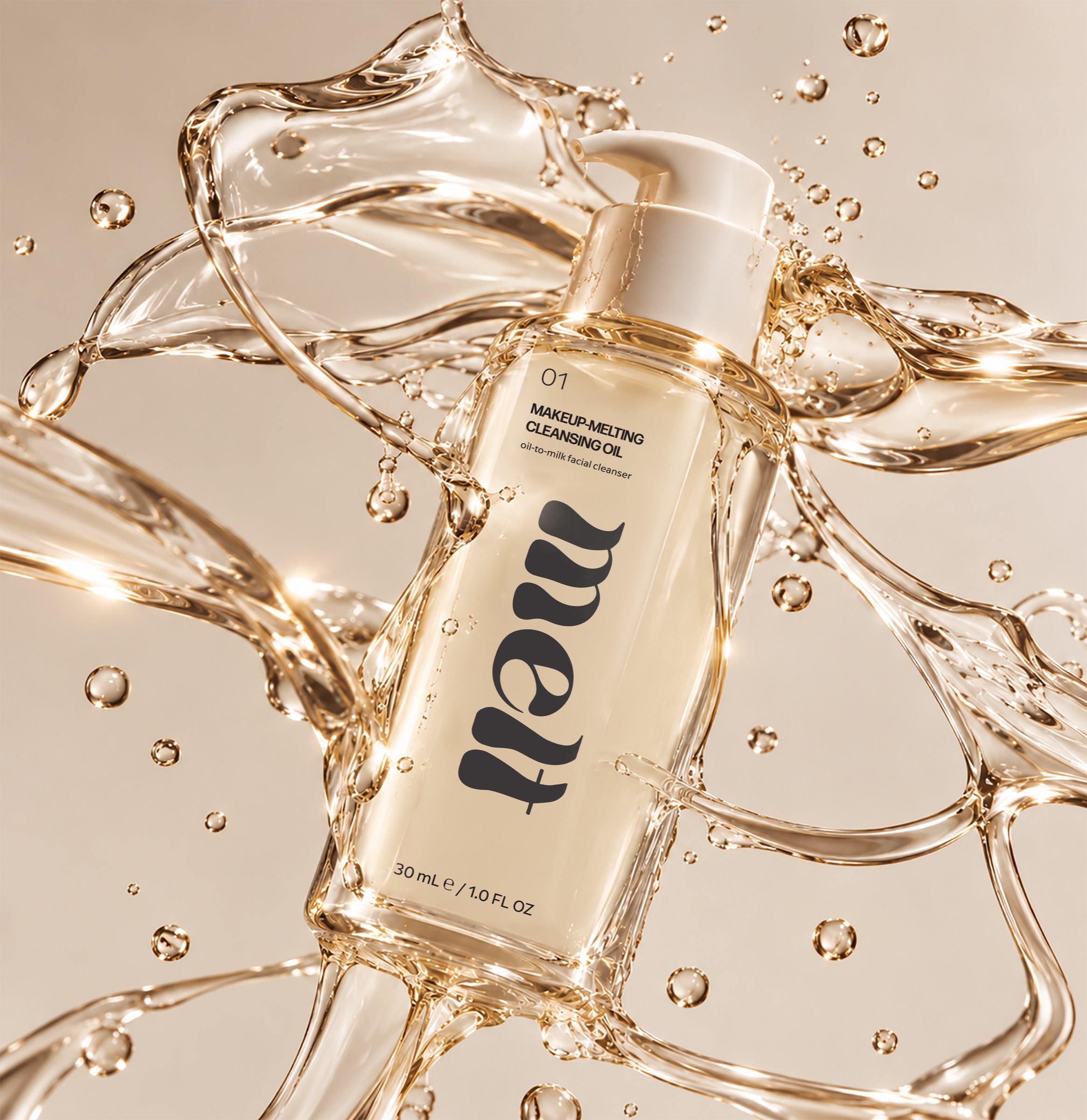 Melt cleansing oil bottle surrounded by golden oil splashes